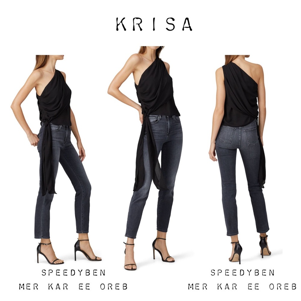 Krisa Top One Shoulder Tie Blouse In Chiffon Black Fabric Medium